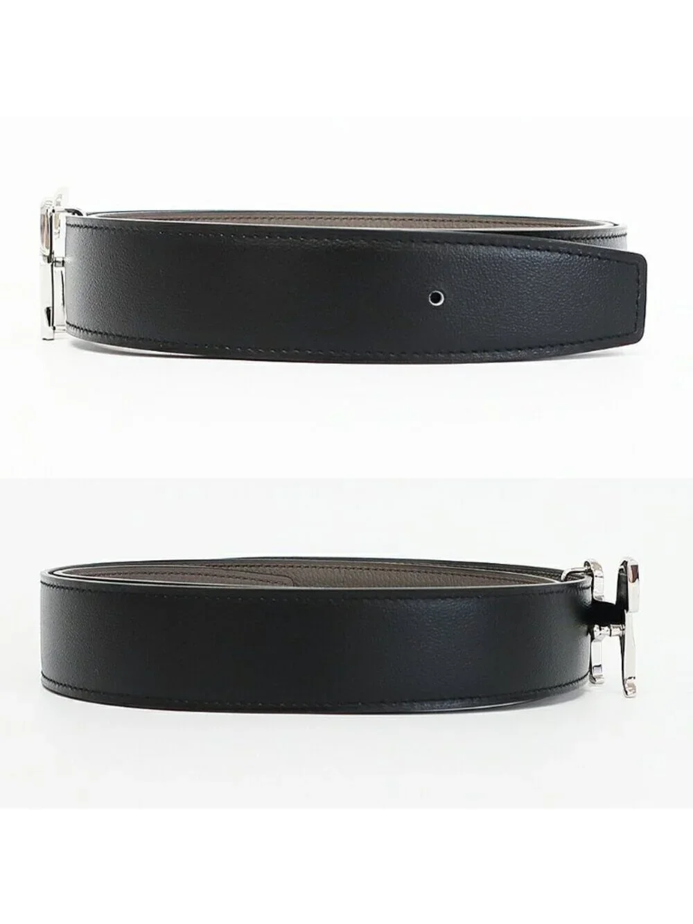 Hermes Belt Buckle Panash Leather 32 Black Gray Silver Reversible